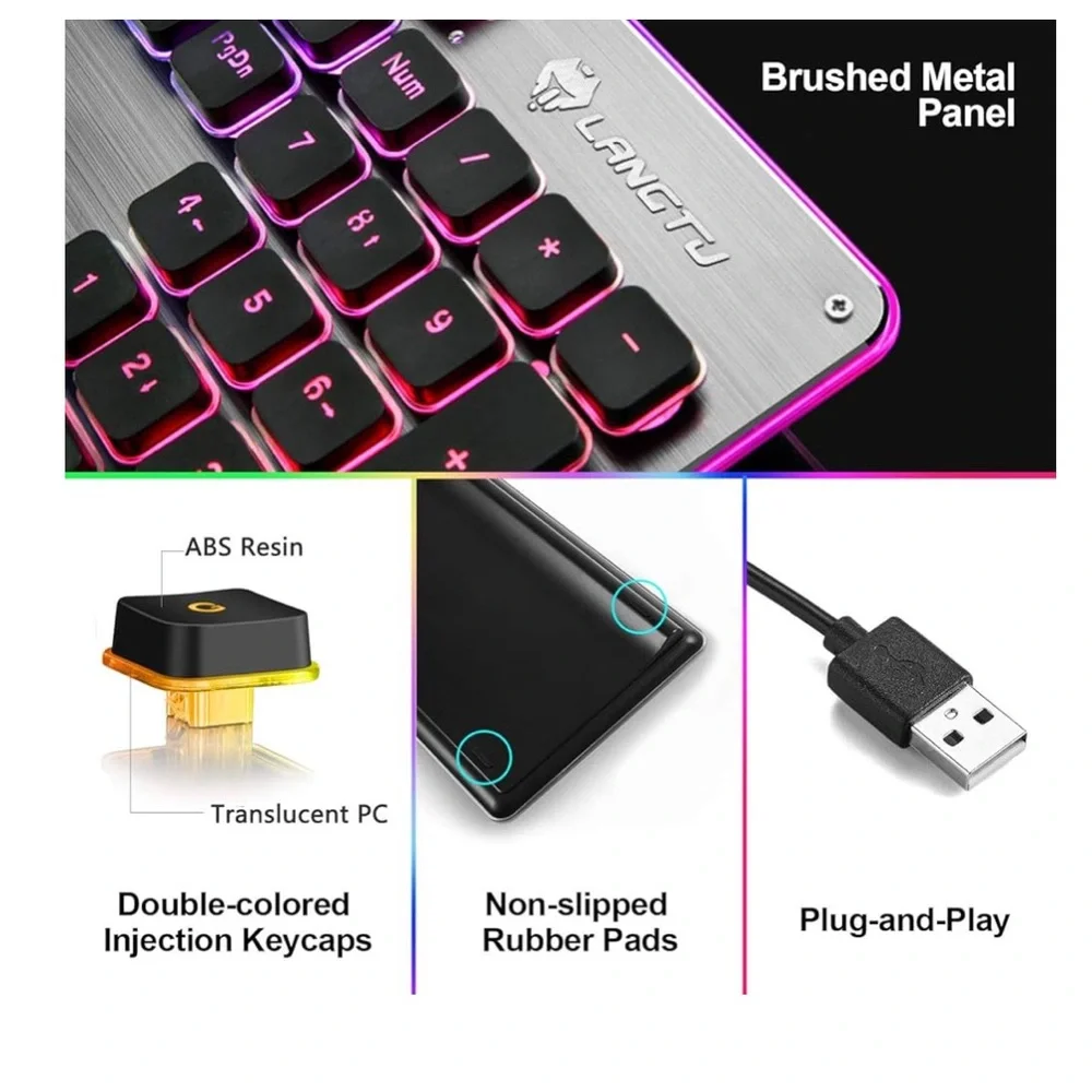 EUC LANGTU Membrane Gaming Keyboard Colorful LED Backlit Keyboard, USB Wired